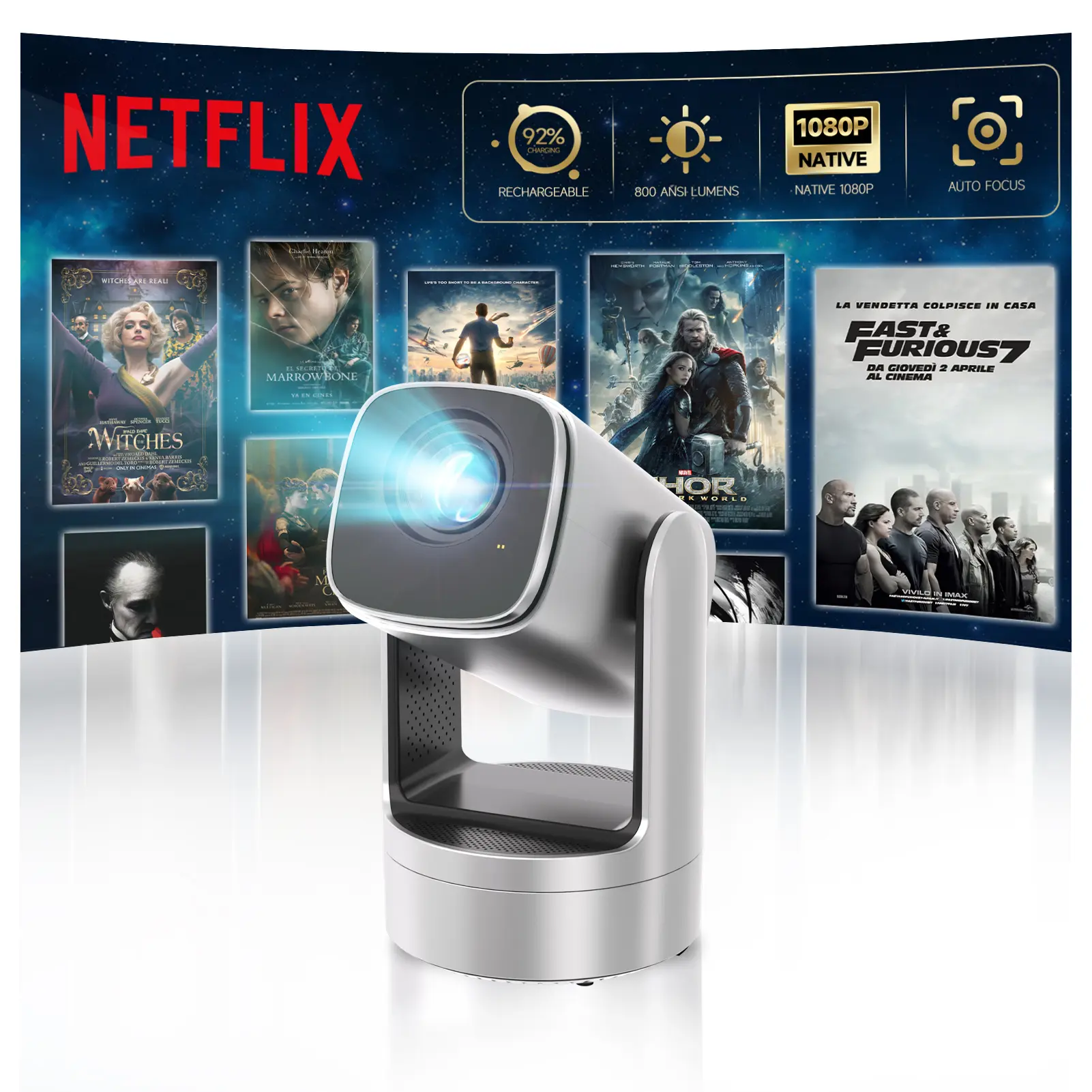 [US Warehouse] 2026 W4 LCD WiFi Projector, New Year Collection, Android OS, Dual Wi-Fi Wireless Connection, Bluetooth, Auto Focus, 180° Rotation, Built-in Speakers, Portable Mini Cordless Home Theater Projector for Family Use