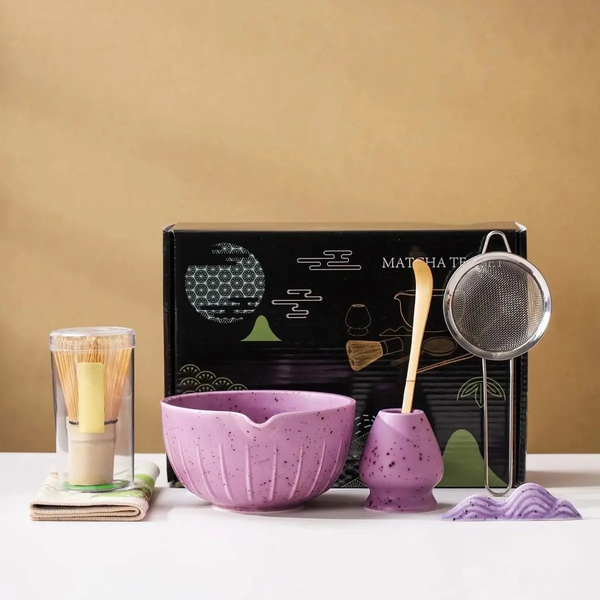 Traditional 7Pcs Japanese Ceramic Tea Set Kit - Bamboo Whisk, Whisk Holder, Tea Strainer, Spouted Bowl, Scoop, Purple Specks Purple Gift Box - Ideal for Authentic Matcha Experience & Personal Use, Sturdy, Matcha Bowl