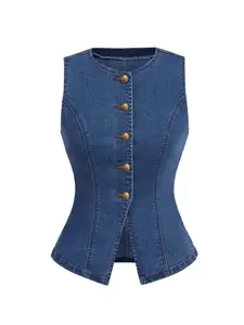 Aswulk Women's Button Down Denim Vest Sleeveless Crew Neck Tank Tops Fashion Dressy