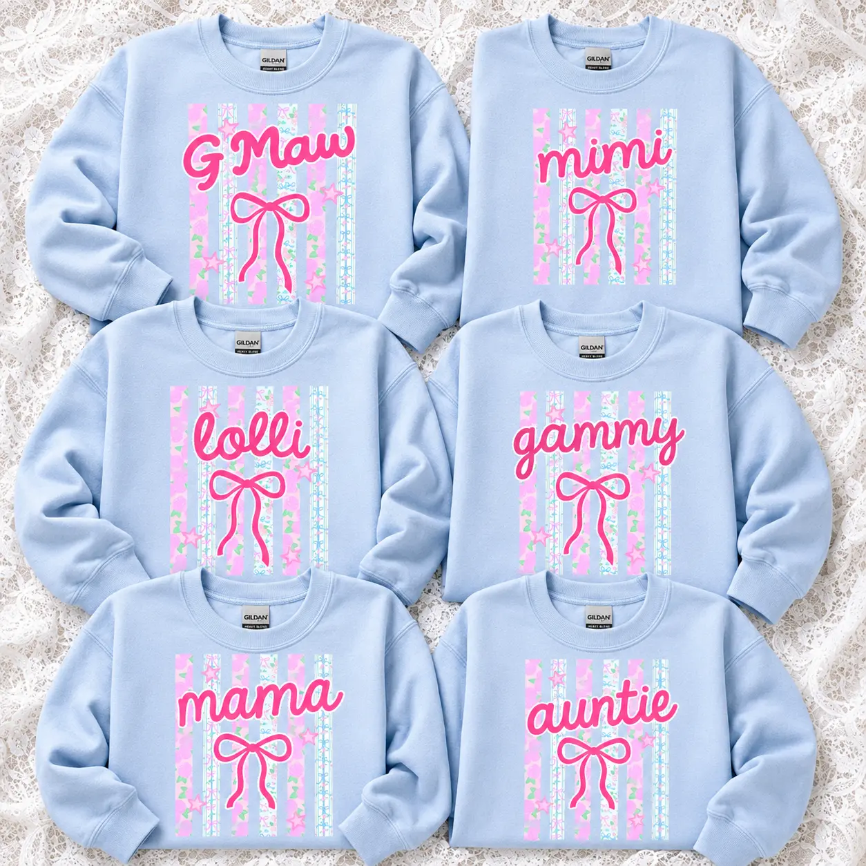 Personalized Grandma Sweatshirt, Cute G-Maw Mimi Lolli Gammy Mama Auntie Bow Floral Stripes Crewneck, Light Blue Family Matching Pullover, Mother’s Day Gift, Birthday Gift for Grandma, New Grandma, Nana, Mimi and Aunt -DPCLICK