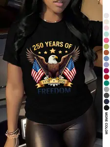 Casual Women's T-Shirt 4th of July, USA 250th Anniversary Letter Print Round Neck Short Sleeve Printed Top 2-Way Layering/Solo Wear Spring Summer & Year-Round Commute-Ready Womenswear
