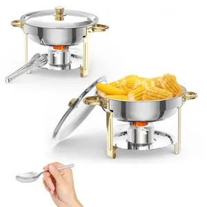 5QT Round Commercial Chafing Dish Buffet Set, Gold Finish Stainless Steel Food Warmer with Lid Holder, Serving Spoon and Tweezer, Ideal for Catering, Parties, Weddings & Banquets
