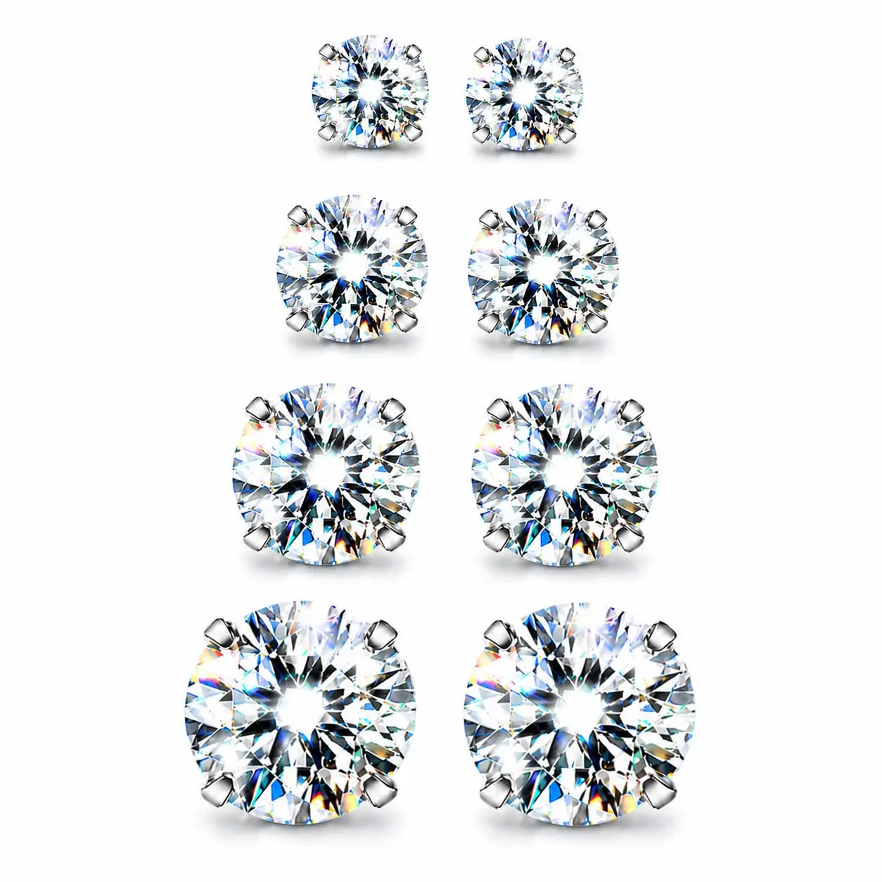 4-Piece Set Princess Cut Cubic Zirconia Stud Earrings - Fashionable Shiny Multi-Piece Earring Set, Perfect Birthday & Anniversary Gifts for Women & Girls | Sturdy Minimalist Accessories