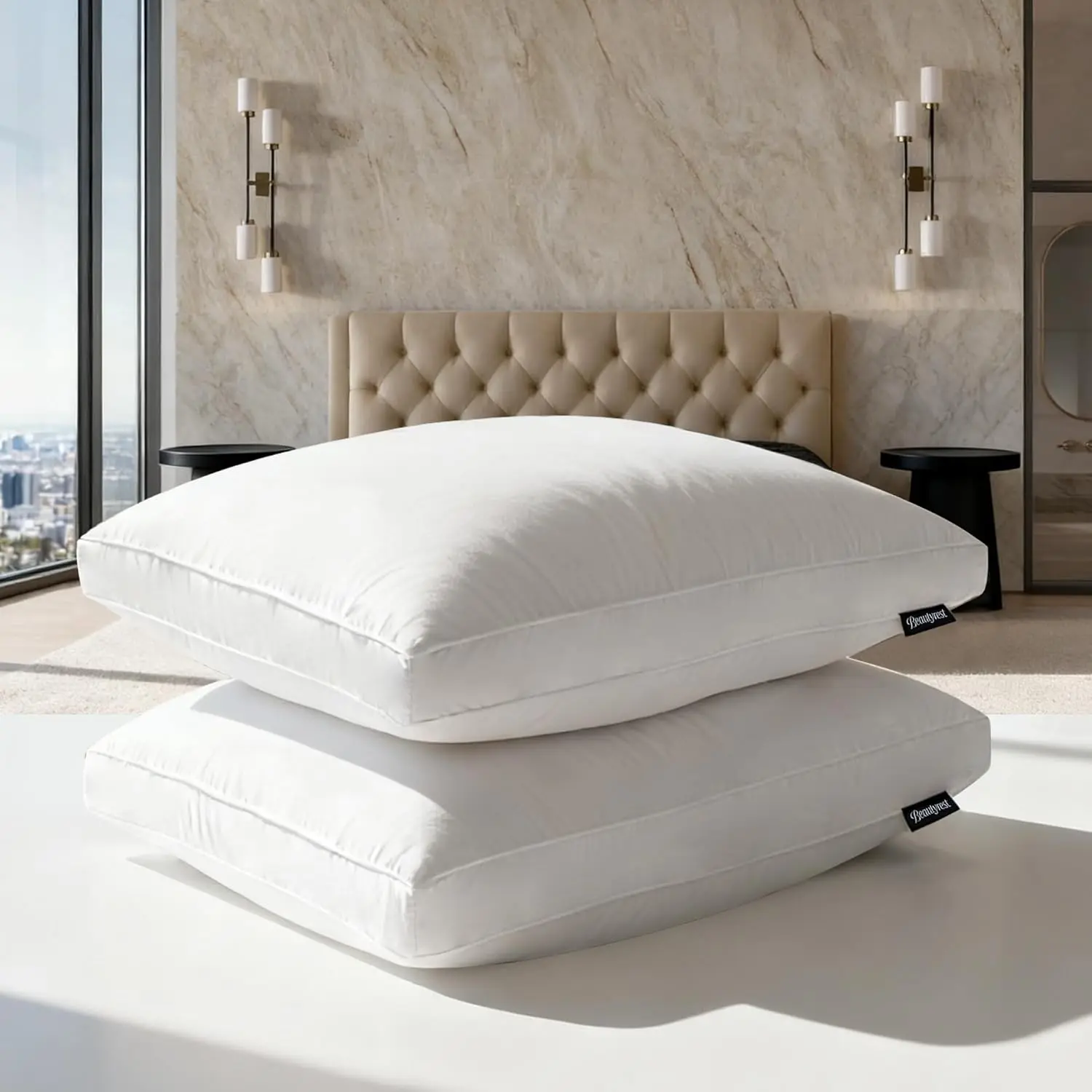 Feather Down Fiber Gusseted Pillows, Firm Hotel Pillow Luxury Bed Pillows, 100% Cotton Cover, Jumbo Size Set of 2
