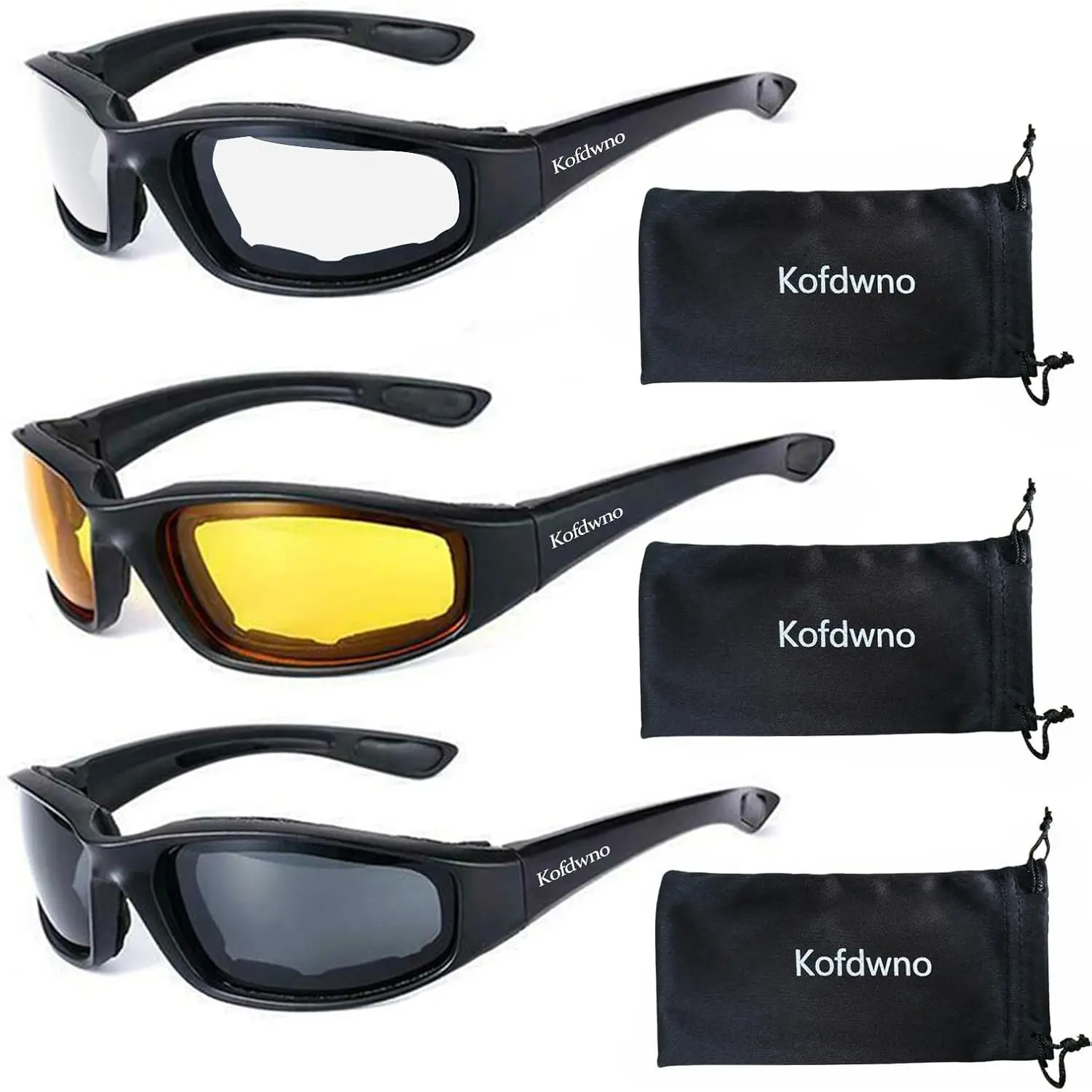 (3 PCS) Work Safety Motorcycle Riding Goggles - Foam-Padded, UV Protection, Comfortable Wearing, Better Visual Effect, Enhance Contrast - Clear, Yellow, Smoke Lenses for Motocross, Evening, Climbing Outdoor Sports