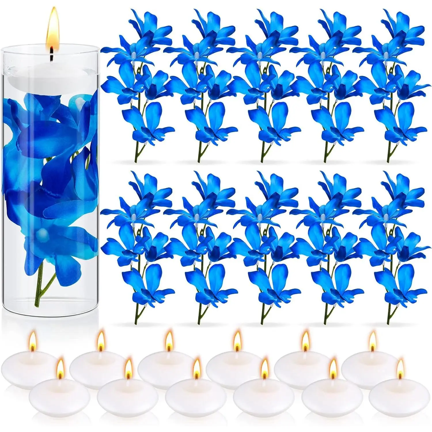28 Pieces Floating Flowers for Centerpieces Blue Orchid Flowers Vase Fillers Unscented Floating Candles for Wedding Table Party Home Decoration