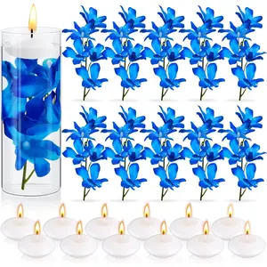 28 Pieces Floating Blue Orchid Flowers Unscented Floating Candles Vase Fillers for Wedding Table Party Home Centerpieces Decoration