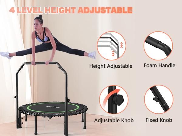 BCAN 450/550 LBS Foldable Mini Trampoline, 40"/48" Fitness Trampoline with Bungees, Adjustable Foam Handle/T-Handle/No Handle, Stable & Quiet Exercise Rebounder for Adults