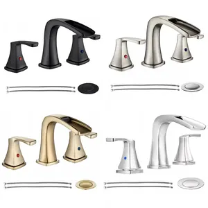 Waterfall Widespread Bathroom Faucet with Pop Up Drain & Supply Lines Modern Dual Handles Chrome Brushed Nickel Matte Black Brushed Gold - Adjustable Flow Control