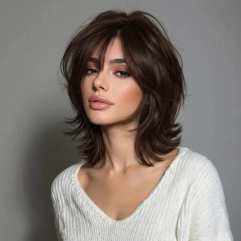 Wigs for White Women Brown 11Inch Bob Wig Synthetic Wig for White Women Synthetic Wig with Bangs, Glueless Realistic Scalp, Heat-Resistant, Daily Use (Brown）
