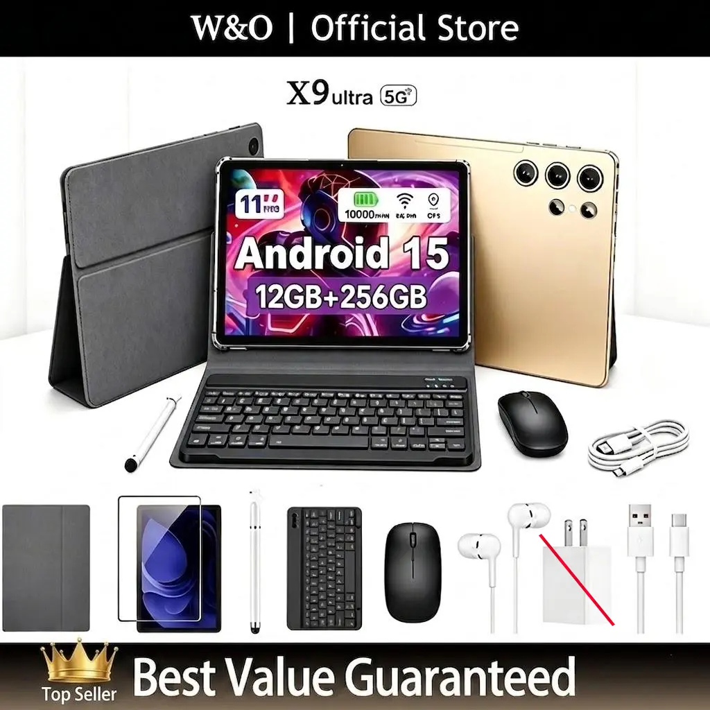 W&O 2026 11 In Android 15 Tablet PC, 12GB RAM+256GB Expandable Storage, HD Touchscreen, 10000mAh Battery, 5G WiFi, Tools Bundle (Keyboard, Mouse, Case, Stylus), Dual Camera Photo Video Capabilities, for School, Work, Android Tablet Pc, Touchscreen Android