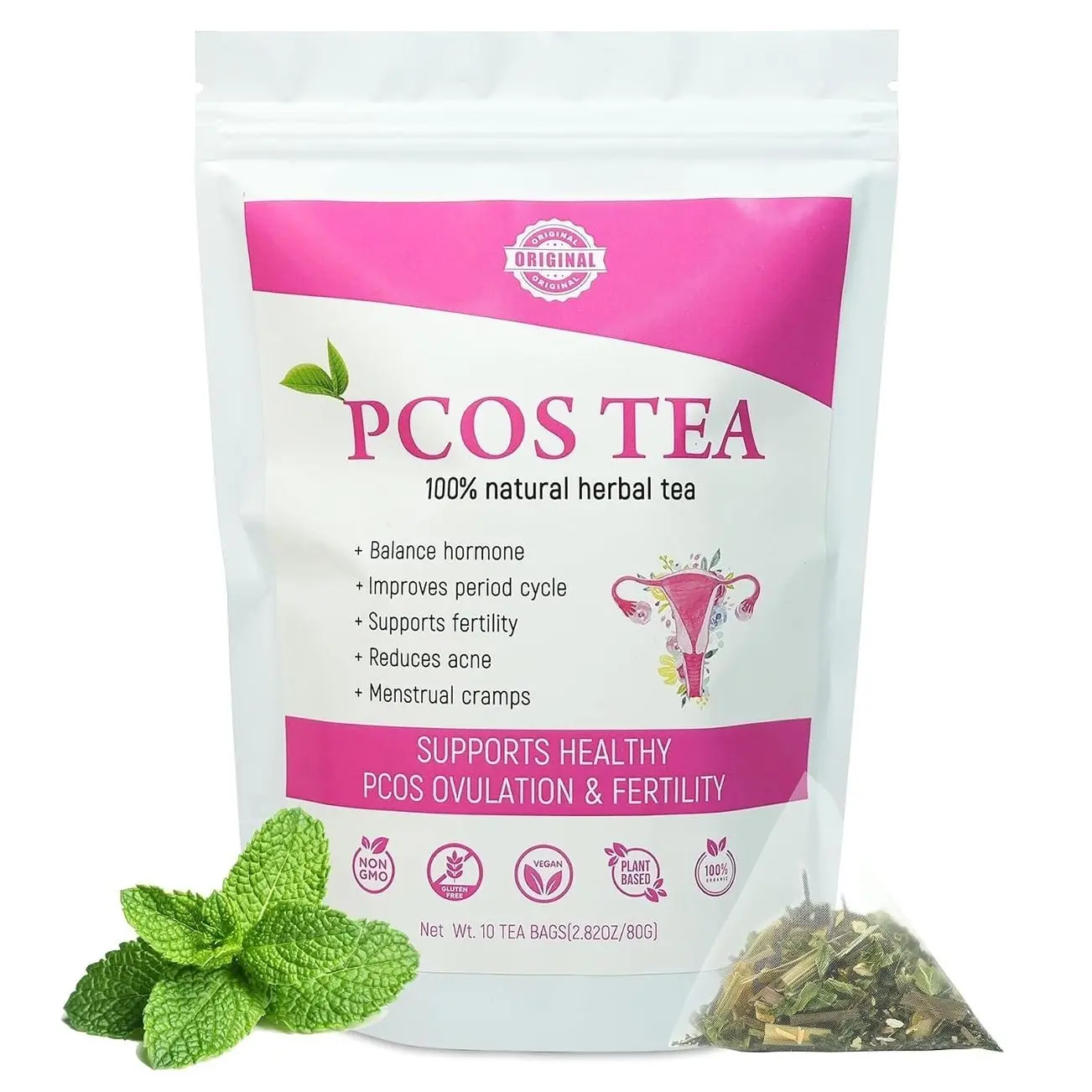 Laicuherb PCOS Spearmint Tea, for Women Hormone Balance & Promote Relaxation and Helps with Hirsutism and Acne, 10 Tea Bags Organic Spearmint Tea for Healthy Ovulation and Fertility