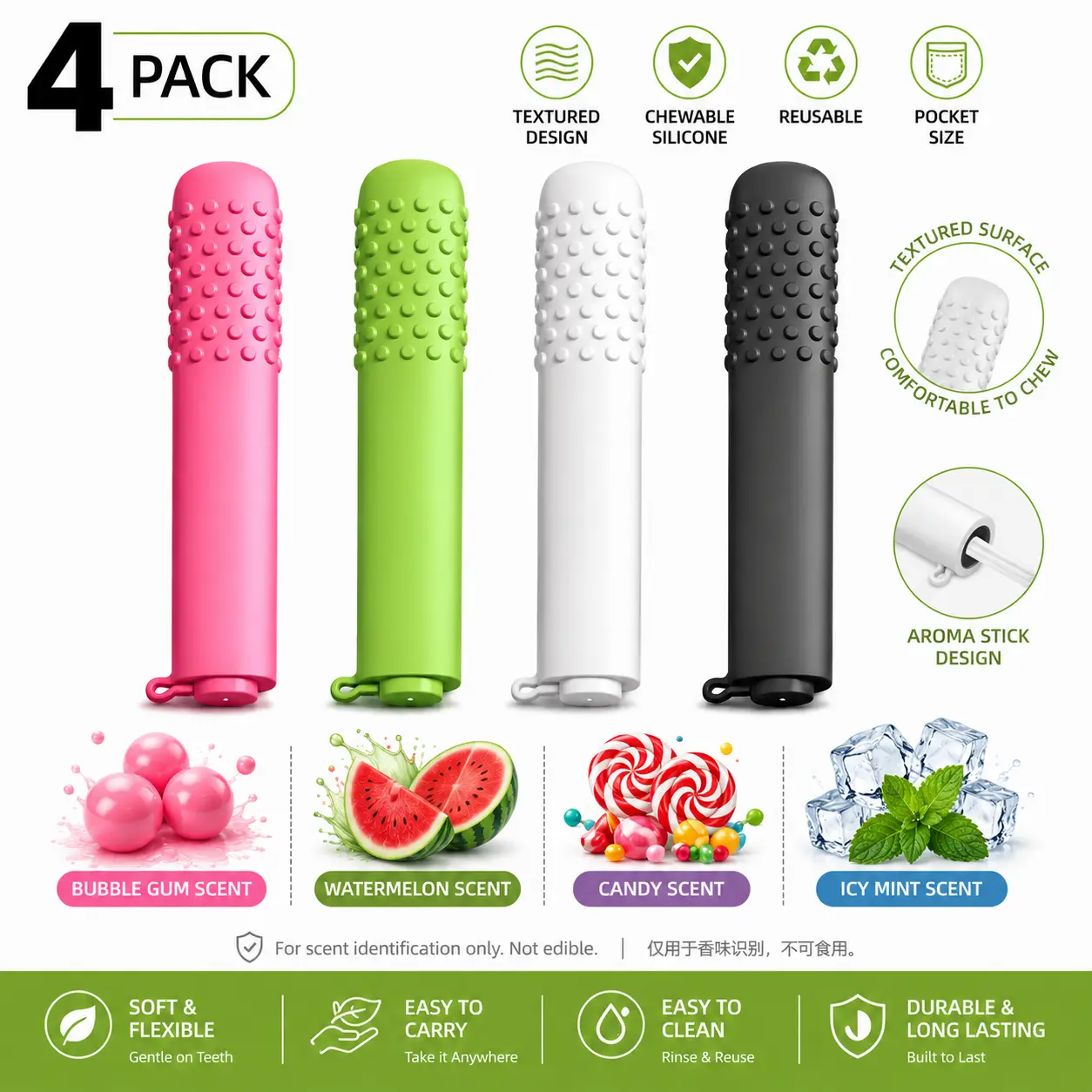 Textured Silicone Chew Stick, Chewable Fidget Sensory Toy with Aroma Core for Biting, Holding and Everyday Use