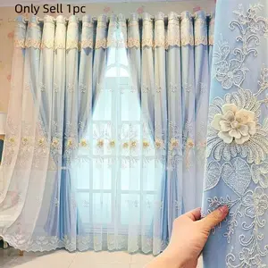 1 Count Flower Embroidered Double Layer 100% Blackout Upgrade Curtain, Modern Polyester Single Panel Curtain For Living Room Bedroom,Home Decoration, Blackout Window Cover, Interior Decoration Accessories