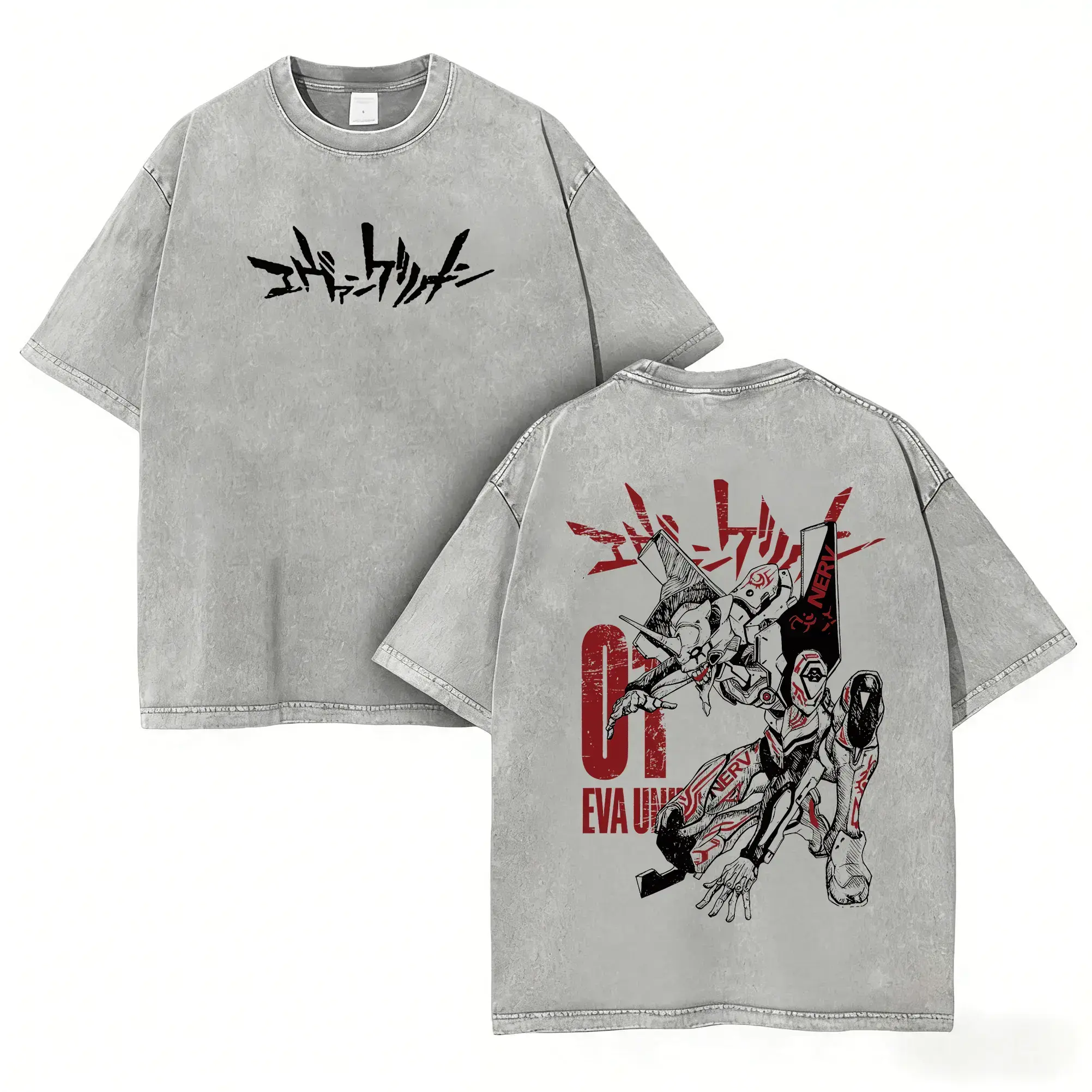 Eva Unit-01 Tee Washed – Neon Genesis Evangelion Vintage Washed Heavy Cotton Oversized Anime Manga T-Shirt, Berserk Mode Double Printed Retro Unisex Streetwear Graphic Top,, Unisex Fit, Figure-Flattering,Cotton Short Sleeve, Washed Vintage Men's T-Shirt