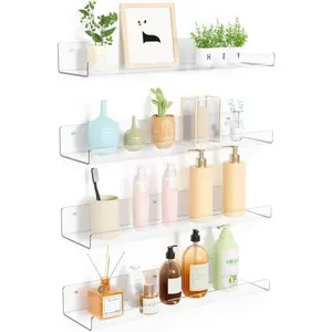 4 Pack Acrylic Shelves for Wall Storage, 15" Floating Bookshelves for s, Display Shelf Organizer for Bathroom, Bedroom, Living Room, Kitchen, Room Decor, Clear