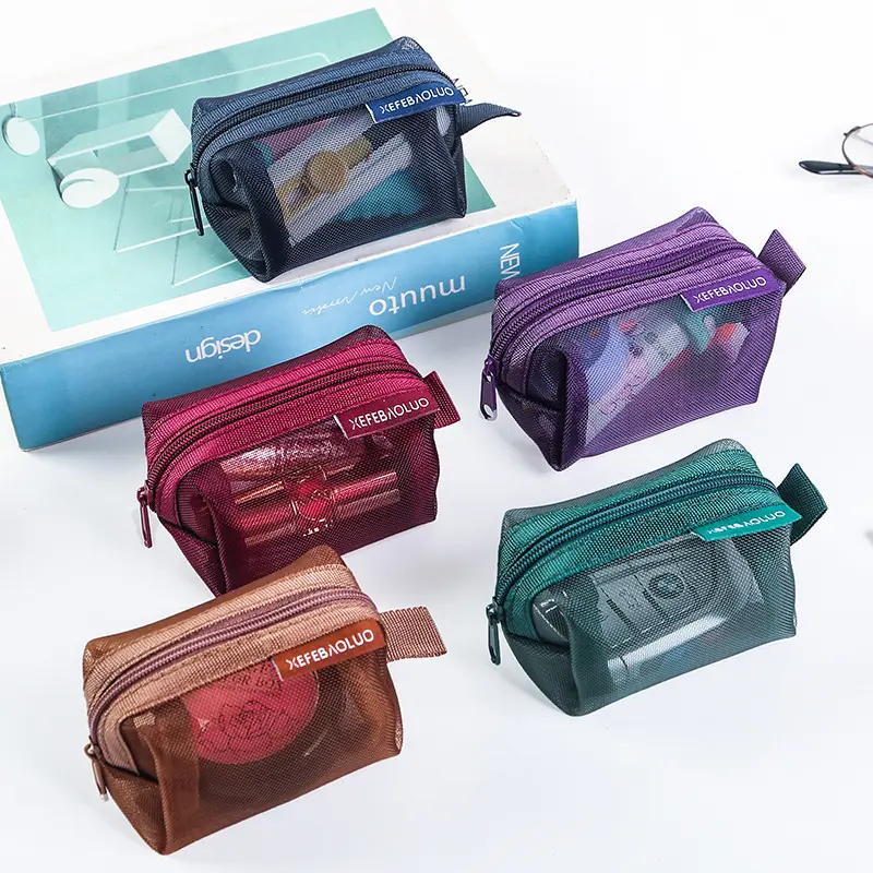 5-Pack Portable Square Zippered Nylon Mesh Storage Bags - Small 2.5"x2.5"x4" Multi-Purpose Pouch for Earphones, Credit Cards, Travel Accessories, Makeup Organizer Pouch, Nylon Pouch
