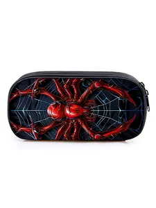 Red spider pattern printed compartment pen bag