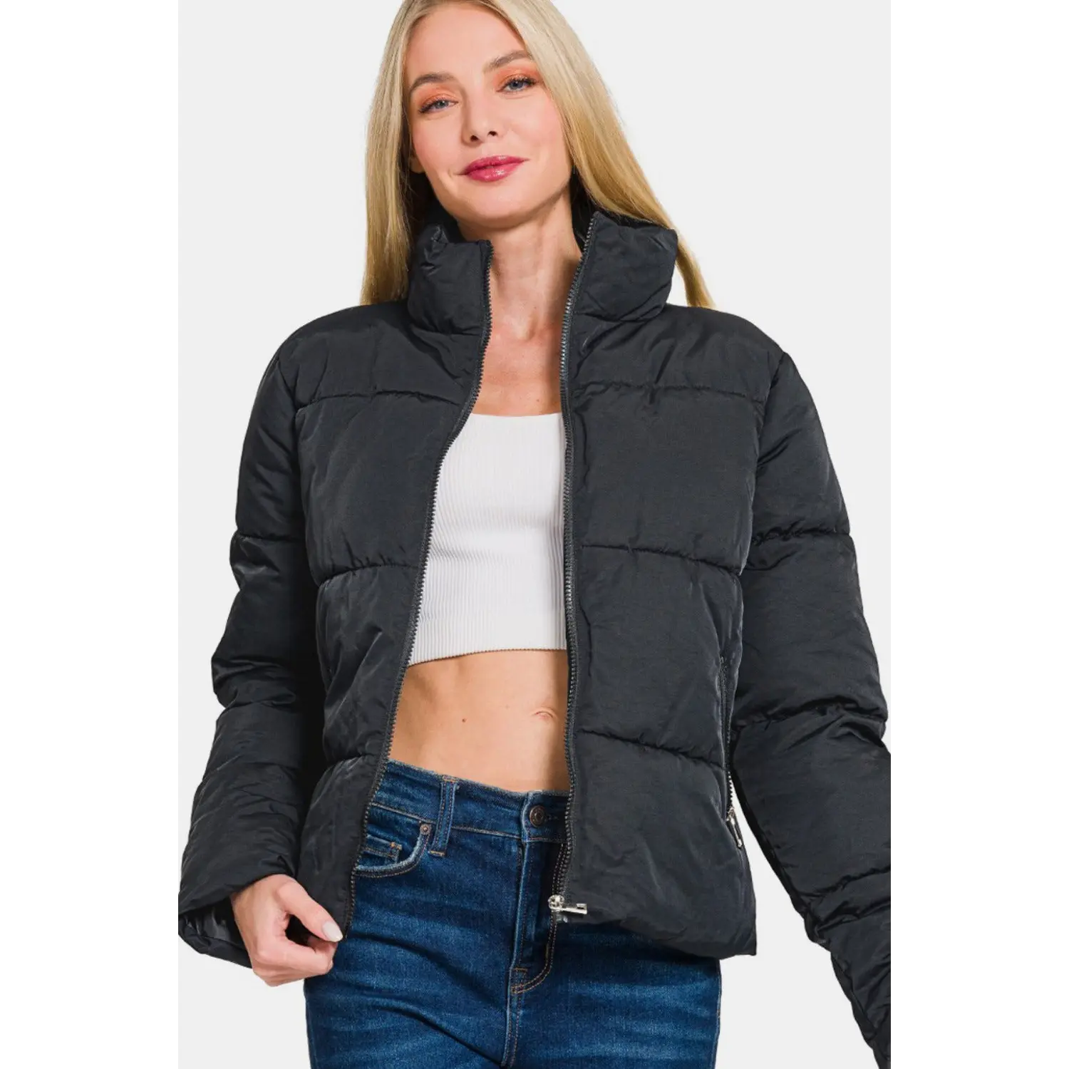 Zenana Zip Up Turtleneck Puffer Jacket with Pockets