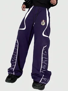 Men's Purple Baggy Parachute Pants, Streetwear Graphic Drawstring Wide Leg Trousers For Hip Hop & Casual Daily Wear