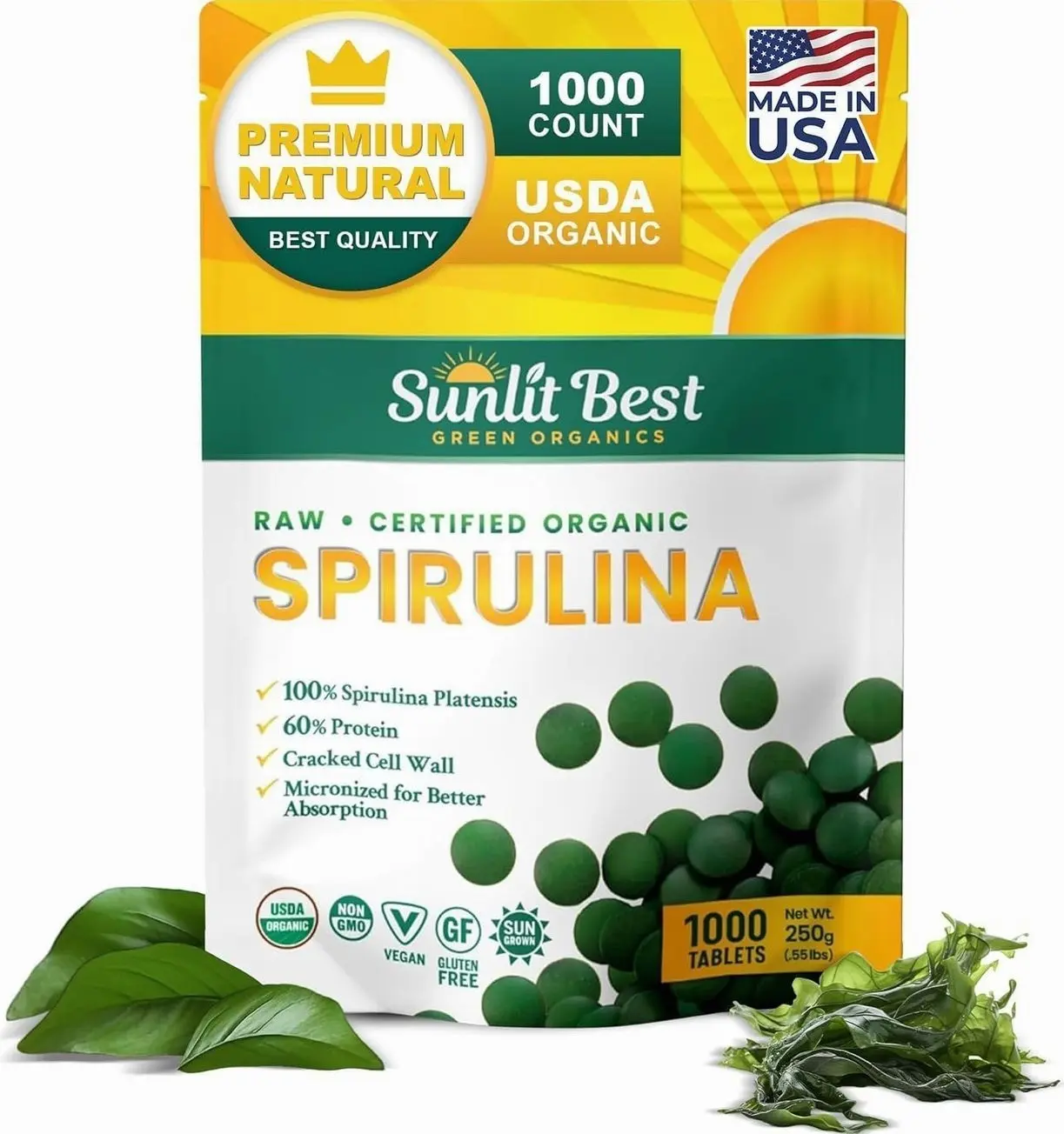 Sunlit Best - USDA Organic Spirulina Tablet - Natural Super Greens Supplements for Immune Support, Gut Health & Boost Energy Tablets with Chlorophyll, Vegan & High Protein Non GMO, 1000 Superfood Tabs