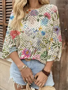 Spring and Summer collection, round-neck open-front loose batwing shoulder sleeve pullover, multi-color floral print, Boho floral printed women's knit top, beach style, bohemian beach-style seaside pullover