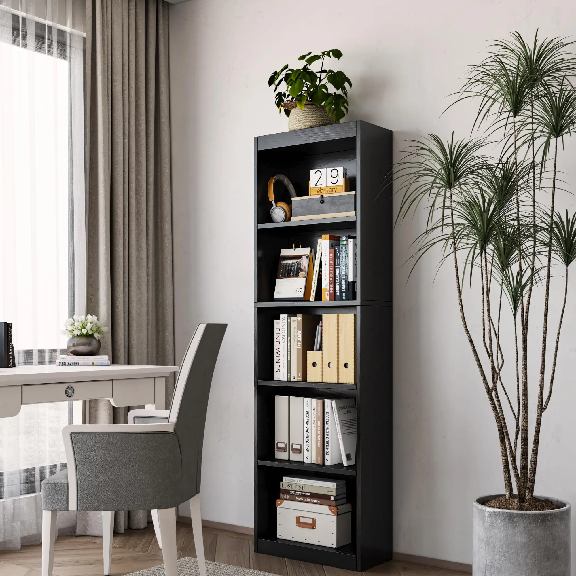 Tall Bookshelf 20 Inches Wide 5-Tier Open Wooden Bookcase with Storage Shelves Freestanding Display Shelves for Bedroom Library Living Room Home Office Sturdy Multipurpose Construction