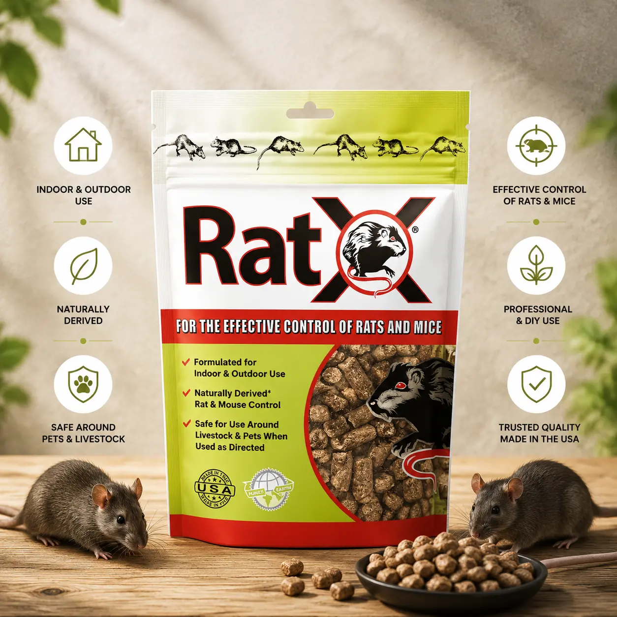 EcoClear Products 620100-6D RatX Pellets - All-Natural Indoor Pest Control Bag, 8oz, Effective for All Rat and Mouse Species, Reliable Solution