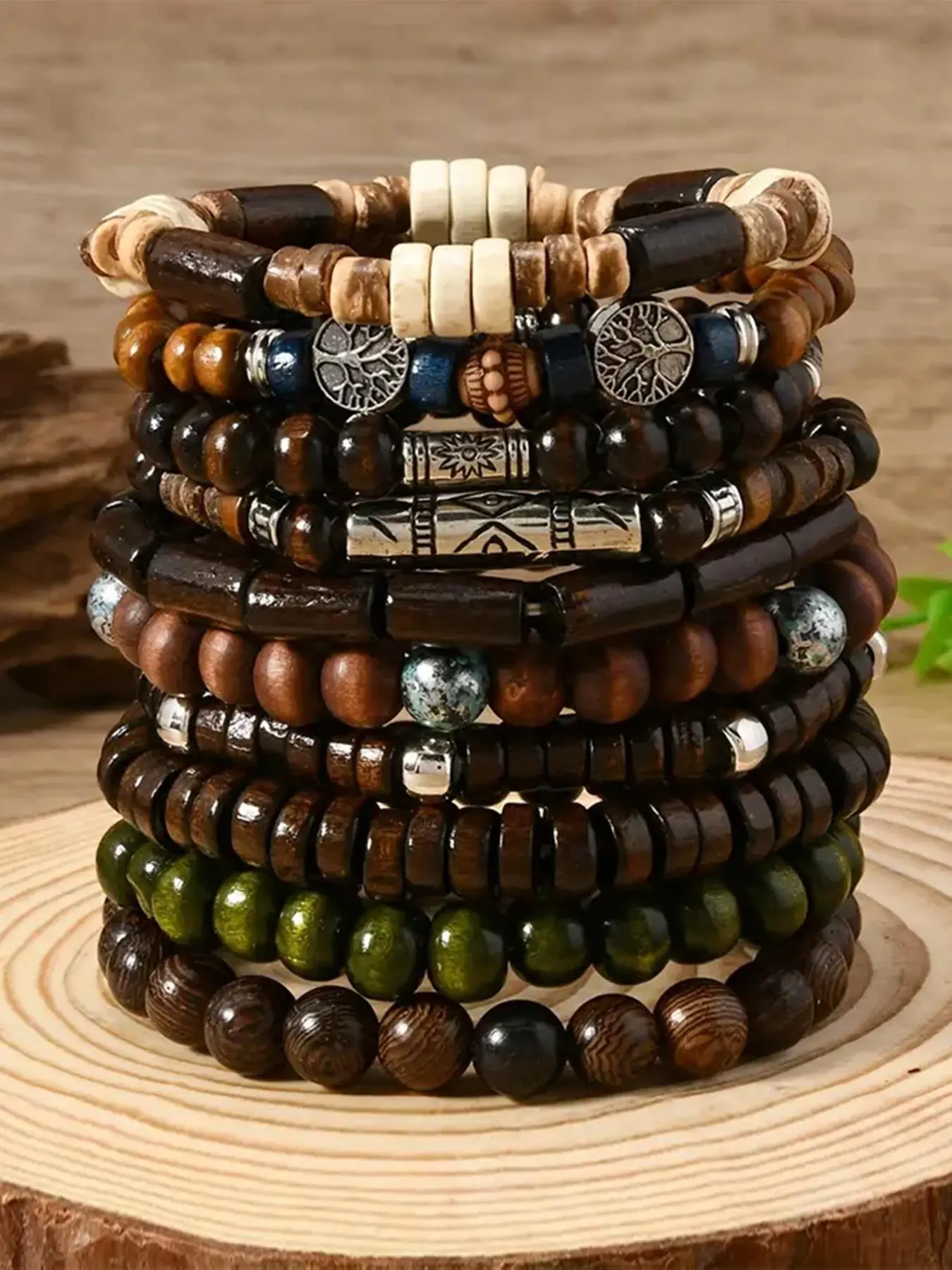 10pcs Bohemian Wooden Bead Bracelet Set, Beaded Bracelet Sets, Elastic Rope Jewelry, Vintage Style Couple Gift, Casual All-Season Accessory