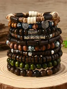 Boho Chic Wooden Bead Bracelet Set, Stackable Bracelet, Vintage Style Couples' Gift, Fashion Accessories for Men & Women