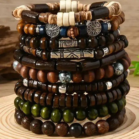 10pcs Bohemian Wooden Bead Bracelet Set, Beaded Bracelet Sets, Elastic Rope Jewelry, Vintage Style Couple Gift, Casual All-Season Accessory