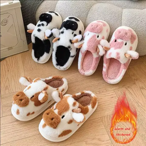 Women's Fluffy Fabric Fur Slides - Cute Cow Animal Print, Warm Soft Cozy Daily Casual Fluffy Home Slippers, Non-Slip Sole, Indoor Bedroom Footwear Warm House Slippers, Casual Indoor-Outdoor Shoes, Sohochic