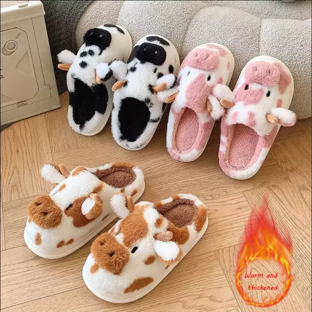 Women's Fuzzy Cow Cartoon Plush Slides - Warm, Non-Slip Sole Indoor-Outdoor Casual Footwear Shoe