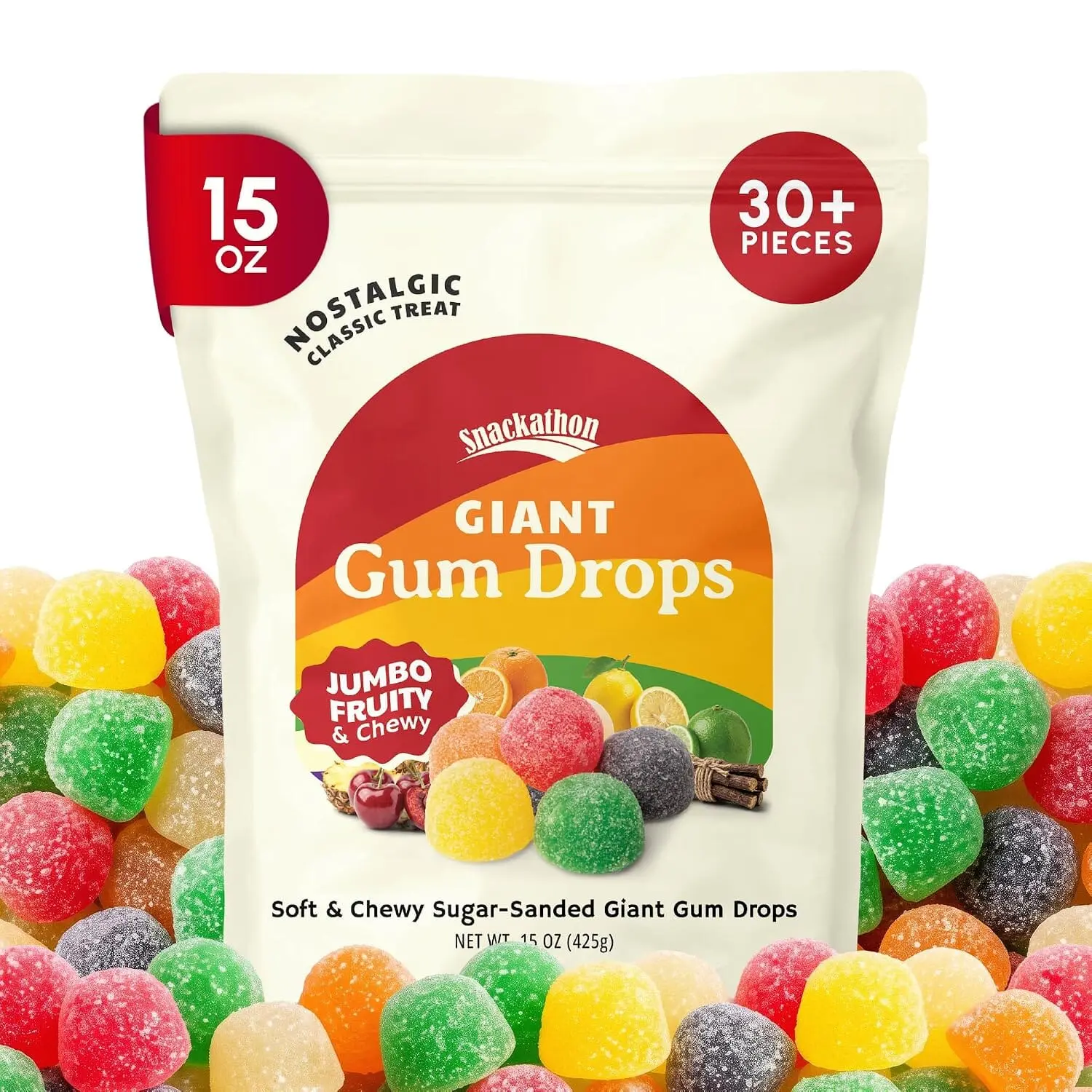 Snackathon Giant Gum Drops Candy, Jumbo Soft & Chewy Jelly Gumdrops | Resealable Bag, Old Fashioned Sugar-Sanded Gummy Candy, Assorted Fruit & Licorice Flavors, Pieces for Snacking & Sharing