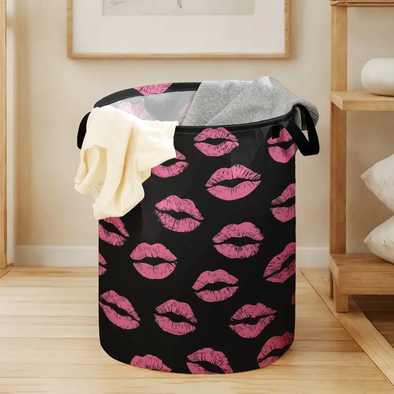 Valentine Lip Print Laundry Basket with Handle, Durable Halloween Foldable Dirty Clothes Storage, Large Capacity Toy Organizer, Laundry Hamper