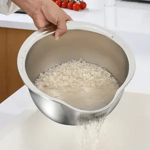 Rice Washing Bowl with Drain Holes Stainless Steel 2-in-1 Vegetable Fruit Strainer Colander Basket for Kitchen Sink