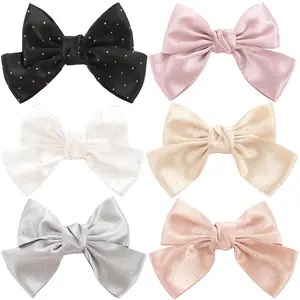 6PCS Large Bow Hair Clips Fashion Hair Bows with Rhinestone Handmade Hair Ribbon French Barrette Bowknot Solid Color Hair Accessories for Women Girls