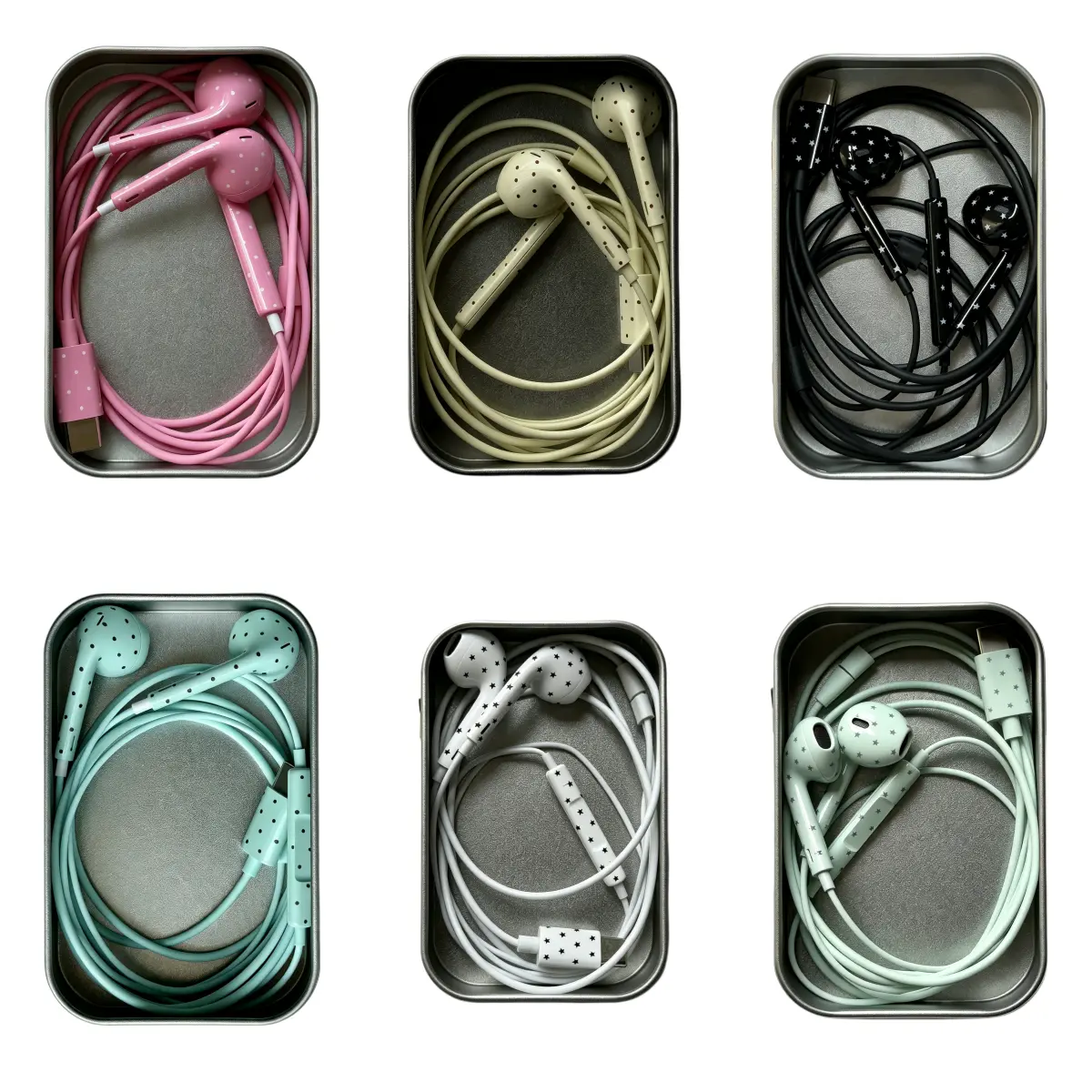 Cute Star & Polka Dot Type-C Wired Earbuds with Portable Metal Storage Box, Heavy Bass Open Semi In-Ear Headphones with Mic, Girly Aesthetic Earphones for Music & Binge Watching, Compatible with iPhone 15/16/17 Promax/Plus/E/Air/Pro,stikerr,lights