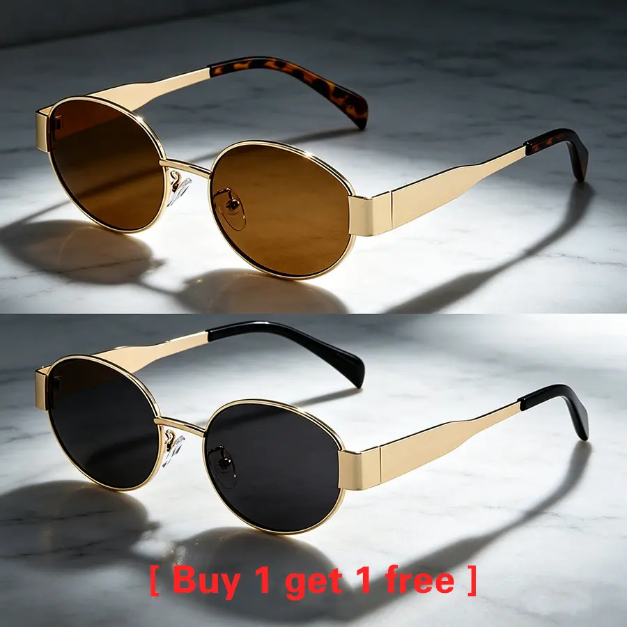 Buy 1 Get 1 Free Unisex Classic Full-Rim Metal Alloy Frame Oval Sunglasses - Polycarbonate UV Lens, Comfortable Fit, for Couples, Camping, Dating