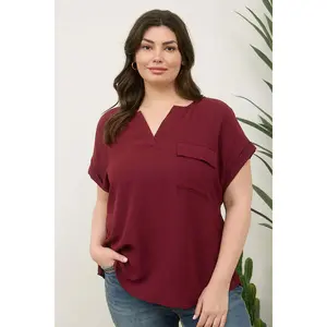 Curvy Take Solace Button Back Blouse Bordeaux