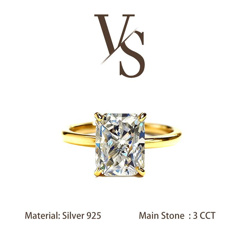 [Venus Jewelry] Lab Created Gemstone 3 CCT Radiant Cut Solitare Band Solid Silver 925 Sterling Ring