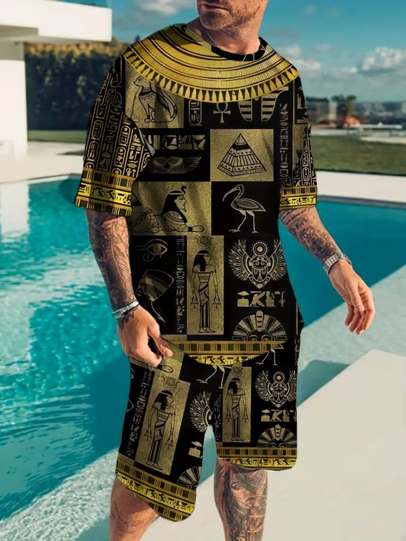 Men's Egyptian Print Short Sleeve Cropped T-Shirt and Track Shorts Set, Geometric Pattern, Fitted Casual Style, Summer Fashion