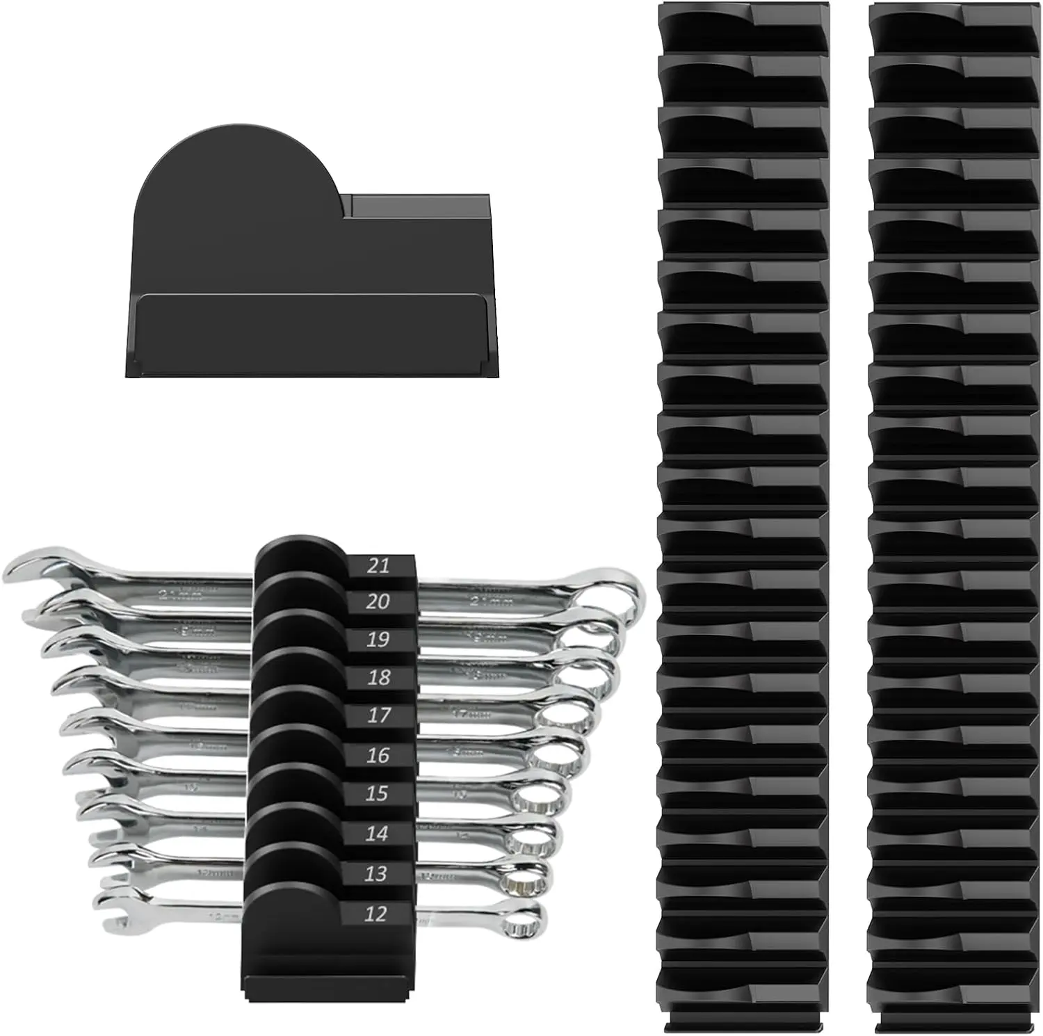Modular Type 52-Piece Wrench Organizer Rack, Space Saver Tool Drawer Storage Holder with 6-38mm Capacity, SAE/Metric Labeled, Ideal Gift for Fathers (Black)