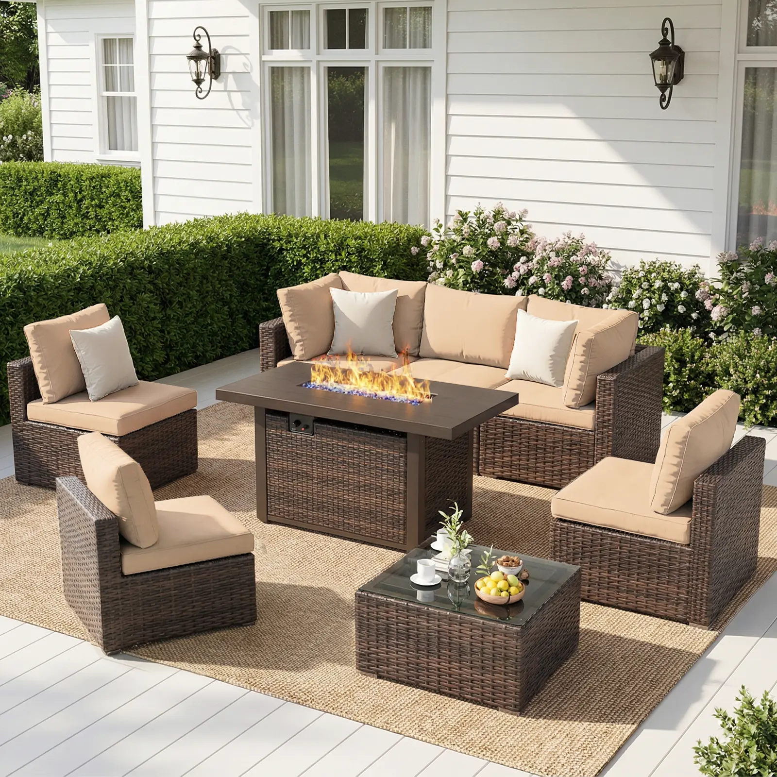 【3 packages shipping】8 Pieces Patio Furniture Sectional Sofa 50000 BTU Propane Gas Fire Pit Table, Outdoor PE Rattan Patio Conversation Set with Glass Coffee Tables and Cushions Lounge Modern – Perfect for Mother’s Day Gifts homeessentials