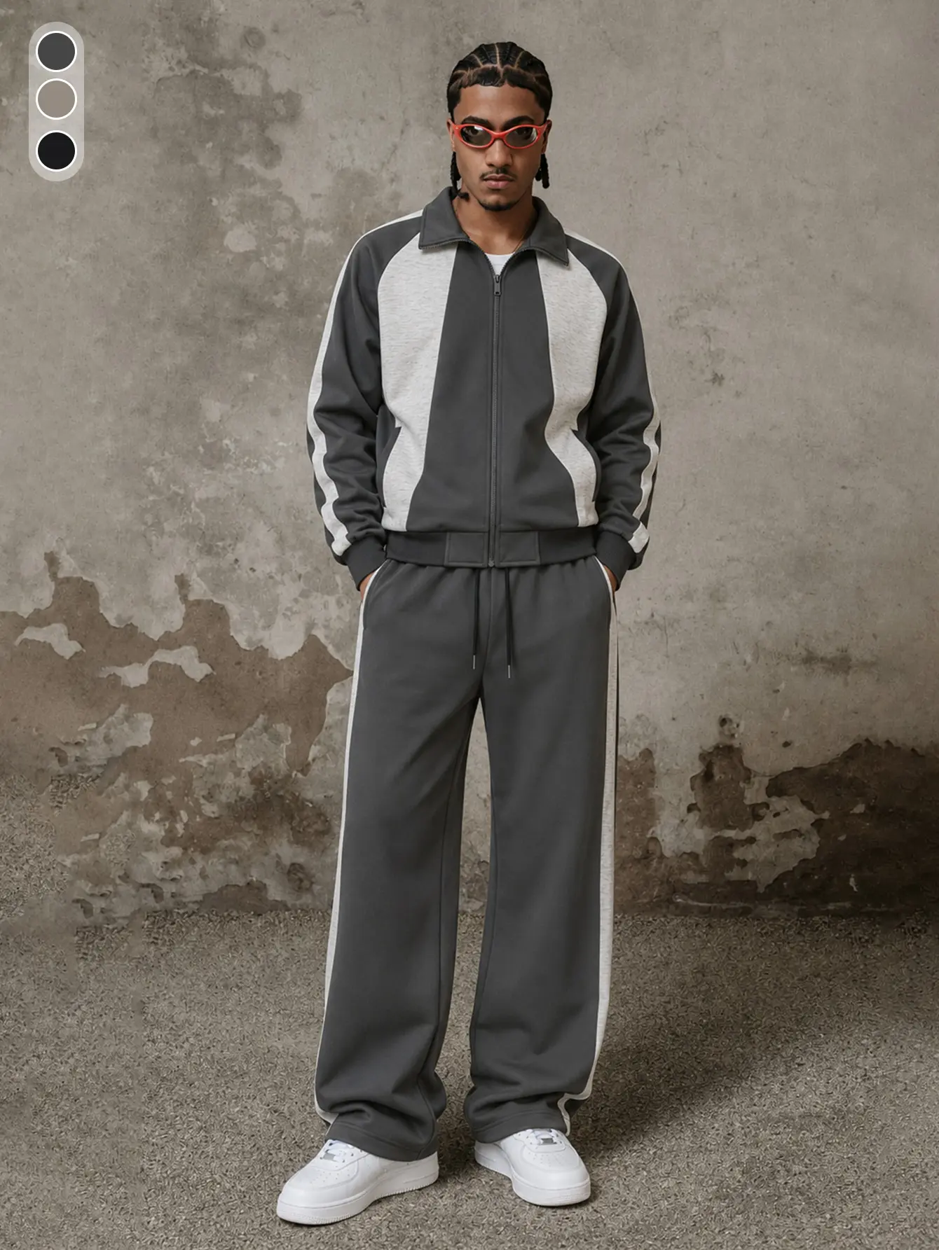 Men’s color-block athletic set: loose wide sweatpants + stand-collar jacket two-piece set. Windproof stand-collar design, American retro style. Suitable for commuting, outdoor cycling, and sports.