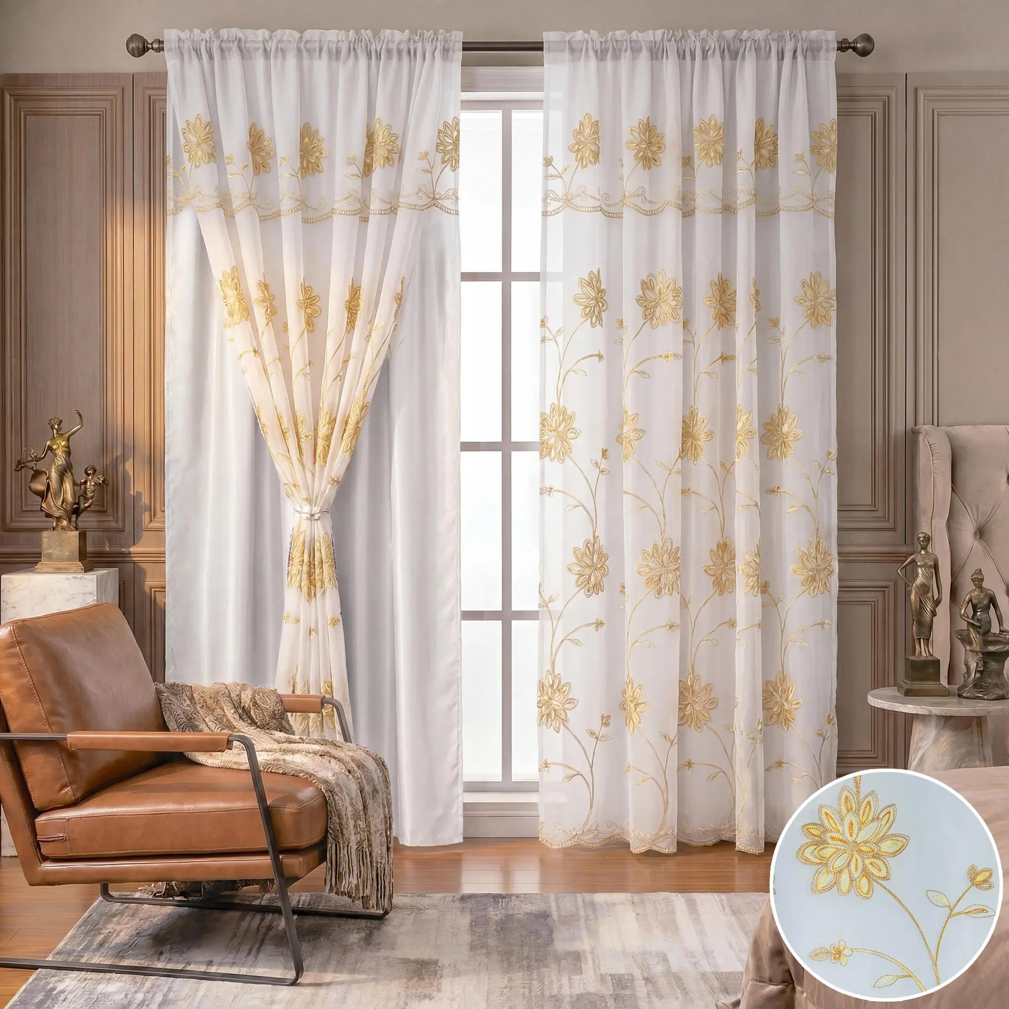 Floral Vine Embroidery Doli Curtain Panels, 2-Panel 52"x84" Double Layer with Waterfall Valance & Rod Pocket, QF36 Summer Home Textile Accessory for  , Bedrooms Star Double-Layer Blackout apartment bathroom Holiday Scene Sheer