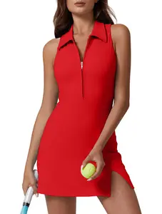 QINSEN Womens Zip Front Tennis Dress Polo Collar Racer Back Workout Golf Dresses Build in Shorts with Pockets