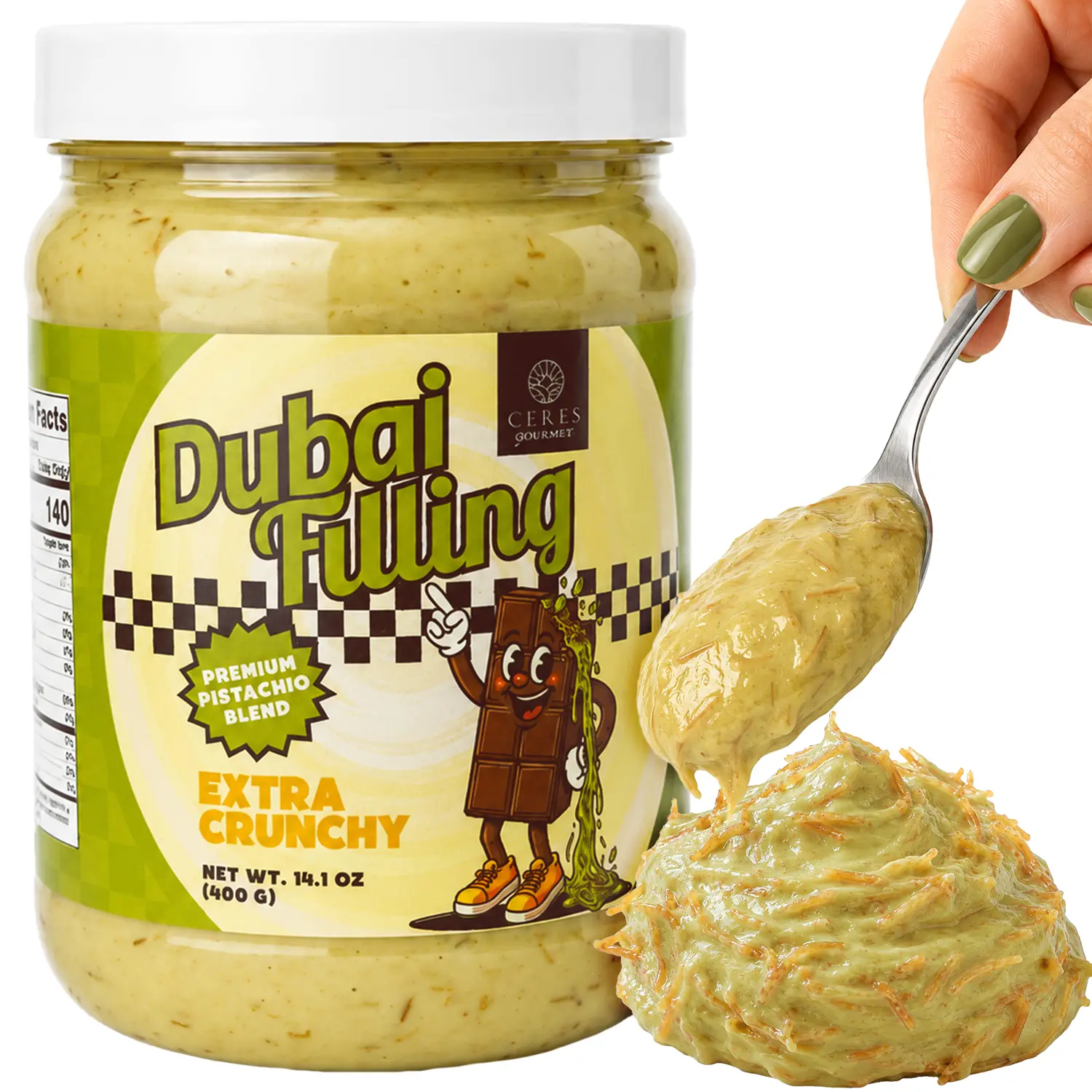Dubai Chocolate Bar Filling – 14.1 oz Pistachio Cream with Shredded Crispy Kataifi – Premium Gourmet Dessert Dip, Ice Cream Topping and Pastry Baking Ingredient Jar