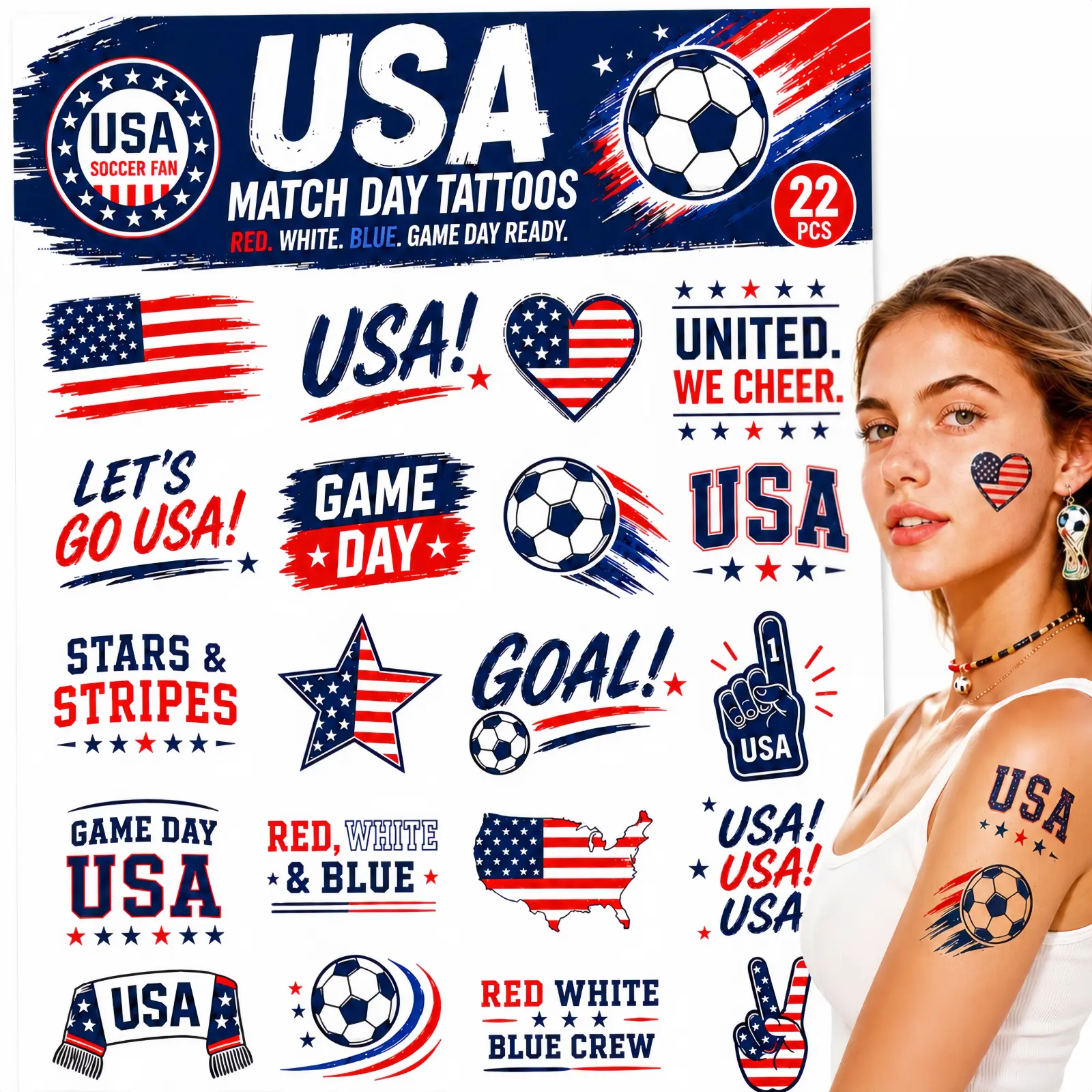 Soccer Ephemeral Tattoos, Realistic Temporary Tattoos for Match Days & Watch Parties | Waterproof Wear on a Pre-Cut Sheet, Body-Safe for All Skin Types with Easy Removal
