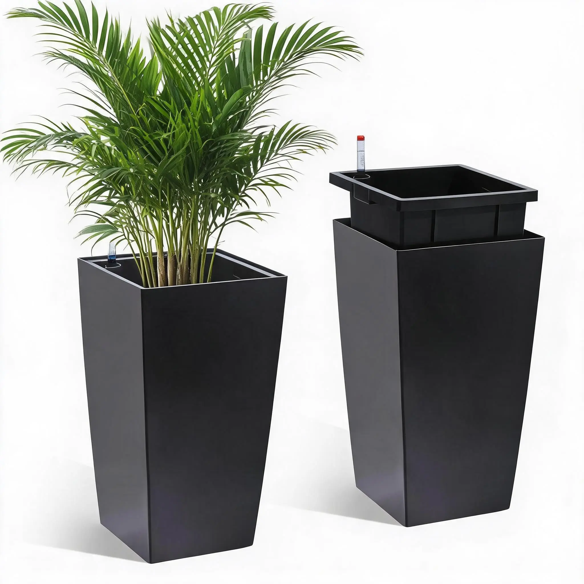 GAOMON 2-Piece Black Tall Tapered Self-Watering Plastic Planter Box Set - 16in/23in (Total 30in) Indoor/Outdoor Pots with Built-in Drainage Holes, Water Monitor, Inner Bucket, Pointer Refill, Root Rot Guard - Ideal for Front Porch, Pot House Plant Use